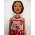 Barbie doll`s long dress + bag and necklace - red/blue