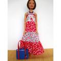 Barbie doll`s long dress + bag and necklace - red/blue