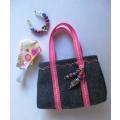 Barbie doll`s shopping bag and necklace set - denim/pink