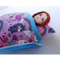 Barbie doll`s sleeping bag - turquoise unicorns and flamingos