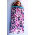 Barbie doll`s sleeping bag - turquoise unicorns and flamingos