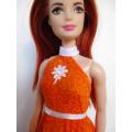 Barbie doll`s halter neck dress - orange white daisy