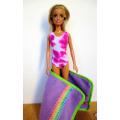 Barbie doll`s bathing costume and beach towel - pink tie dye