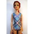 Barbie doll`s bathing costume and beach towel - blue check