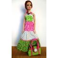 Barbie doll`s long dress, bag and necklace set - pink and green