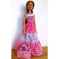 Barbie doll`s long dress, bag and necklace - pink/turquoise