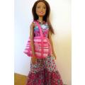 Barbie doll`s long dress, bag and necklace - pink/turquoise