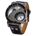 Oulm Men's Quartz Cool Military Wrist Watch Dual Movt Round Shaped Leather Band