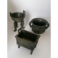 Vintage Chinese Incense Burner - Set of 3 with 2 x Incense burners and 1 x Metal Oriental container