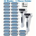 Men`s Manual Shaver Set, 2 Handle + 24 Blades, Safety Razor 6-Layers Stainless Steel