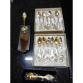 Gold plated teaspoons with porcelain inlay, sugar spoon, cake server
