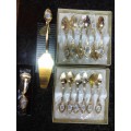 Gold plated teaspoons with porcelain inlay, sugar spoon, cake server