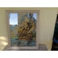 framed behind glass sailing boat scene taperstry