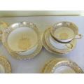 stunning gold and white new chelesa porcelain tea cup trios and sugar bowl