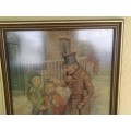 stunning vintage scene of a old man and two childern  tapestry framed behind glass