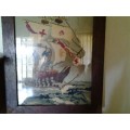 stunning vintage framed ship scene tapestry framed behind glass