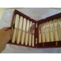 cased vintage set of six bone handle fish knifes and forks
