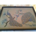 Large and stunning framed behind glass Embroidered peacock scene tapestry