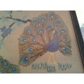 Large and stunning framed behind glass Embroidered peacock scene tapestry