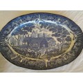 large blue and white vintage porcelain oval serving platter  with a country side scene
