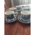 A set of six church blue and white willows pattern tea cup duos