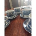 A set of six church blue and white willows pattern tea cup duos