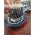 Five blue and white willow pattern procelain tea cup duos