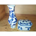 A combo of a blue and white trinket and vase
