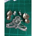 SA Artillery badge set, chrome cap badge, collars pair and scarce mess dress collars pair