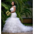 African Style White Beading Tiered Wedding Dress V-Neck Lace Up Custom Made Bridal Gown Plus Si