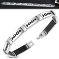 Stainless Steel with Black Rubber Cut-out Arrow Panther Link Fold Over H Clasp Closure Bracelet