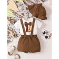 Baby Boy Cartoon Graphic Bow Front Tee & Pinafore Shorts & Hat