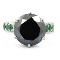 CLEARANCE**CERTIFIED 6.50 Ct AAA Genuine Black Diamond Solitaire Ring With Emerald Accents**