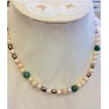 SALE! Genuine Cream and Gold Pearls with Green Agate - Stunning Necklace