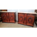 A pair of Louis XVI style cabinets with parquetry inlay and Marble tops.