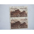 UNION - 1942-44 WAR EFFORT REDUCED SIZE - 1/- BROWN PAIR - POSTALLY USED