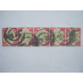 GB KEVII - 1901-10 DEFIN ISSUE - 1/- GREEN and RED - STRIP OF 5 - USED - POOR CONDITION