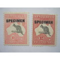 AUSTRALIA - 1913 DEFIN ISSUE `KANGAROO` OPTD `SPECIMEN - 10/- and £2 SINGLES - UNUSED