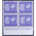 RHODESIA - 1966 POSTAGE DUES - 2d BLUE  - IMPRINT BLOCK OF 4 - MNH