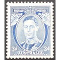AUSTRALIA - 1937 DEFIN ISSUE - 3d BLUE `KGVI` (DIE 1a) - SINGLE - UNUSED