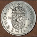 Great Britain: One Shilling  1953 | English Shield, with BRITT: OMN