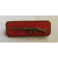 SA ARMY INSTRUCTORS QUALIFICATION BREAST BADGE- 2 PIECE-2 PINS-GOLD RIFLE ON RED ENAMEL