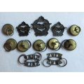 SAAF BLACKENED BRASS CAP COLLARS,TITLES & 7 BUTTONS-SOLD TOGETHER-LUGS INTACT-WORN 1930'S-1950'S