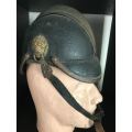 VINTAGE PRE WW1 LEATHER AND BRASS FIREMANS HELMET WITH BRASS MOUNTS-LABELLED MULIER 11