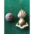 ROYAL ARTILLERY SIDE CAP BADGE WITH ONE TUNIC BUTTON-WORN FROM 1902 ONWARDS-LUGS INTACT