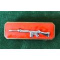 SA ARMY SHARPSHOOTERS QUALIFICATION BADGE CHROMED RIFLE ON RED ENAMEL BACKING-2 PIECE- 2 PINS