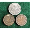 3 COINS SOLD TOGETHER-1907 SILVER 1/2 MARK WEIGHT 2,777G AND 1890 WITH 1900 1 PFENNIG