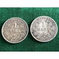SILVER 1874 AND 1913 GERMAN 1 MARK COINS-SOLD TOGETHER-WEIGHT EACH 5,556 G -DIAMETER 24 MM