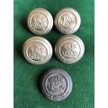 SA RAILWAY POLICE,OLD PATTERN BUTTONS- 5 SOLD TOGETHER-DIAMETER 28 MM