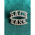 SA CORPS OF SIGNALS BRASS SHOULDER TITLE-WORN 1930-EARLY 1950`S- 2 LUGS